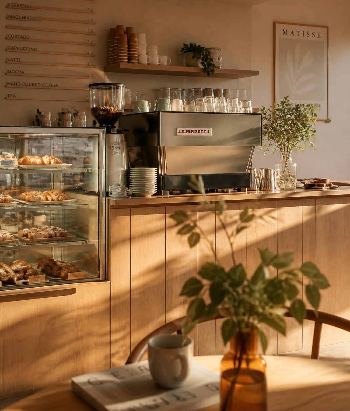 Warm neighbourhood coffee shop counter in morning light